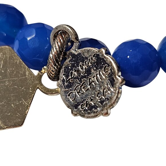 Blue Faceted Bead Stretch Charm Bracelet Gold Hexagonal Circular Engraved Charms - Picture 4 of 4